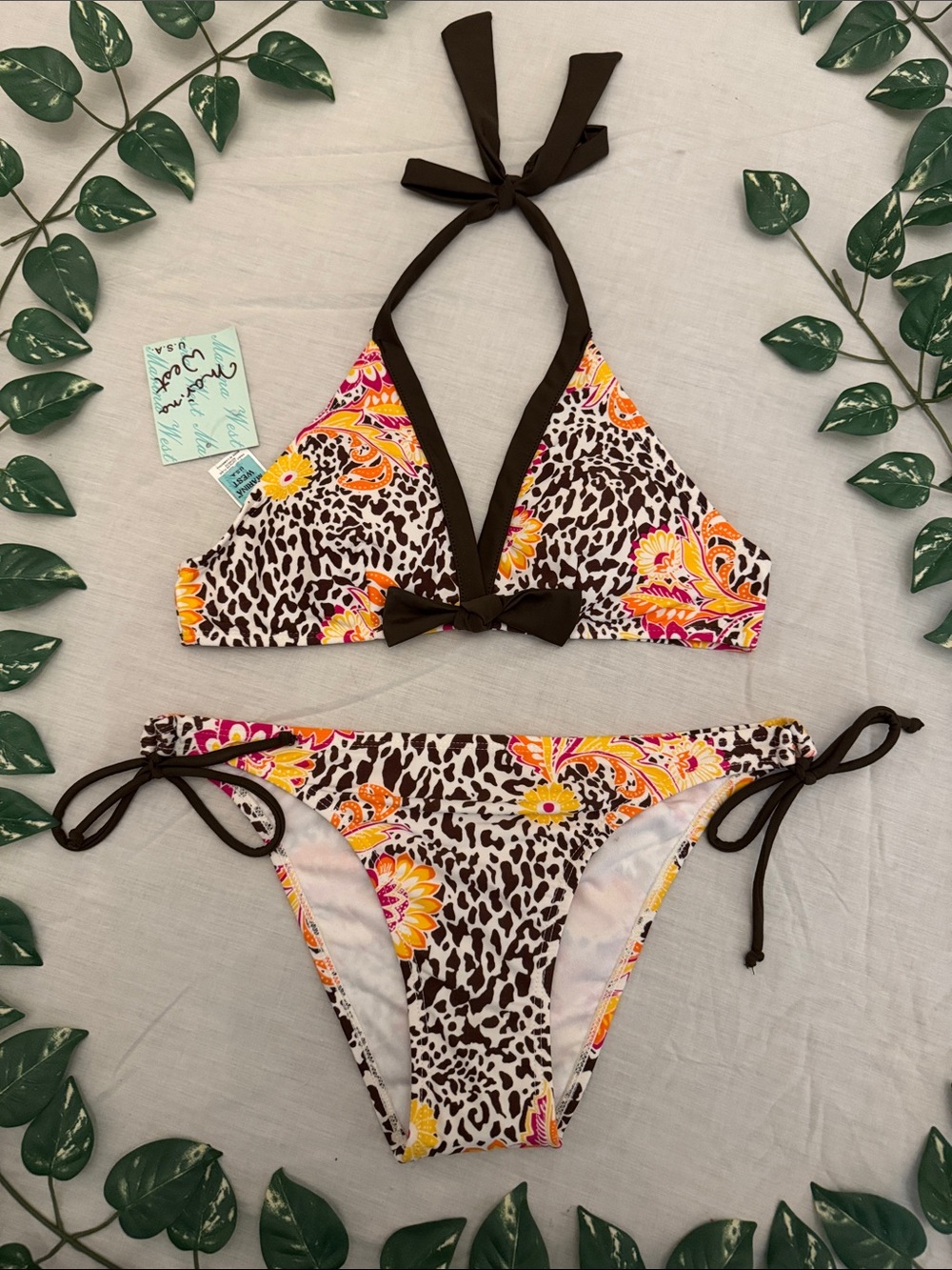 MARINA Brown Floral Leopard Print Tie Bikini
